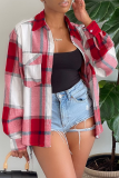 Red Casual Plaid Patchwork Turndown Collar Tops