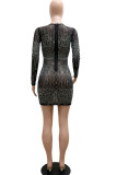 Black Sexy Solid Patchwork Beading Hot Drill O Neck A Line Dresses