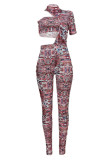Burgundy Sexy Casual Print Hollowed Out Turtleneck Short Sleeve Jumpsuit Two Pieces