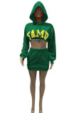 Green Fashion Sportswear Print Patchwork Hooded Collar Long Sleeve Two Pieces