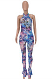 Pink Fashion Sexy Butterfly Print Backless Halter Skinny Jumpsuits