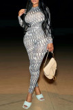 Grey Fashion Casual Print Basic O Neck Skinny Jumpsuits