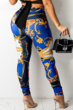 Blue Fashion Street Print Patchwork Mid Waist Pencil Bottoms