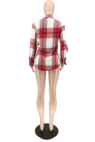 Red Casual Plaid Patchwork Turndown Collar Tops
