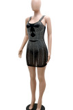 Apricot Sexy Solid Patchwork See-through Hot Drill Spaghetti Strap A Line Dresses