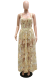 Apricot Sexy Print Mesh Spaghetti Strap Sleeveless Two Pieces