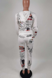 White Casual Print Patchwork Hooded Collar Long Sleeve Two Pieces