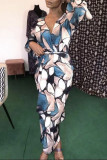 Blue Fashion Casual Print Basic V Neck Long Sleeve Dresses
