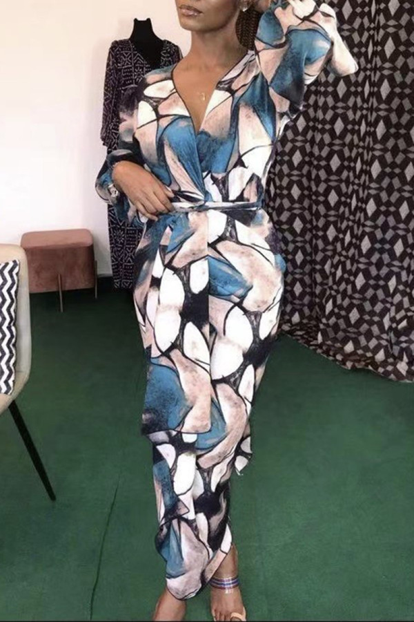 Blue Fashion Casual Print Basic V Neck Long Sleeve Dresses