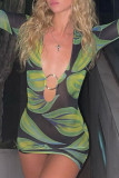 Green Fashion Sexy Print Hollowed Out V Neck Wrapped Skirt Dresses