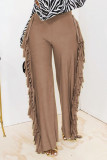 Black Fashion Solid Tassel Straight High Waist Straight Solid Color Bottoms