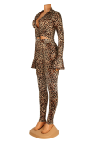 Leopard Print Sexy Animal Print Patchwork Long Sleeve Two Pieces