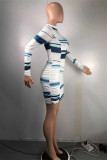 Blue Fashion Casual Print Fold O Neck Long Sleeve Dresses