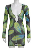 Green Fashion Sexy Print Hollowed Out V Neck Wrapped Skirt Dresses