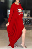 Red Casual Print Split Joint Asymmetrical O Neck Long Sleeve Dresses