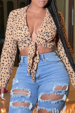 Apricot Casual Print Patchwork Turndown Collar Tops