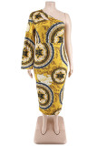 Gold Fashion Sexy Plus Size Print Hollowed Out Backless Oblique Collar Long Sleeve Dresses