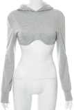 Grey Sexy Solid Patchwork Hooded Collar Tops
