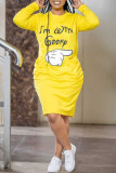 Yellow Fashion Casual Print Patchwork O Neck One Step Skirt Dresses