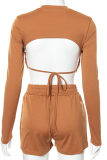 Pink Sexy Solid Backless O Neck Long Sleeve Two Pieces