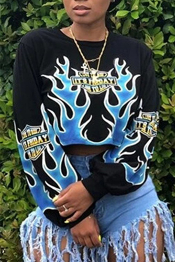 Black Fashion Street Print Patchwork O Neck Tops