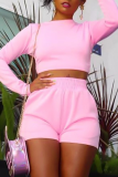 Pink Sexy Solid Backless O Neck Long Sleeve Two Pieces