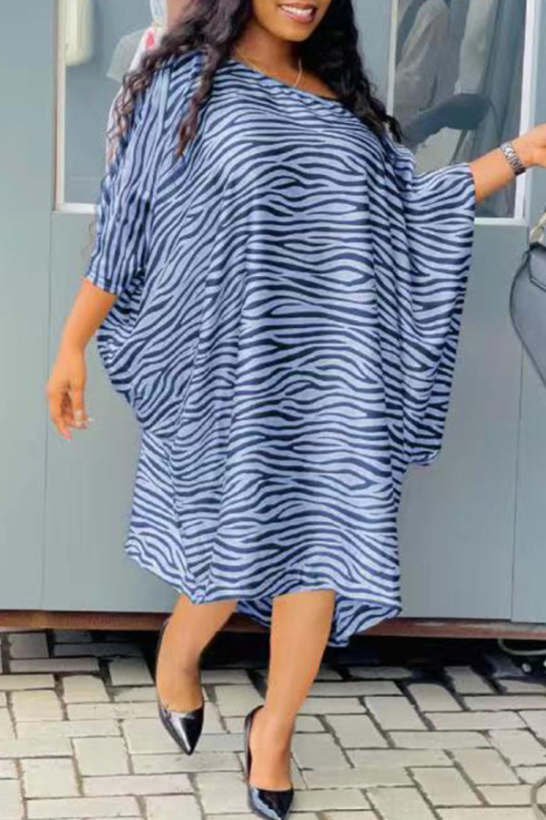 Blue Casual Print Patchwork Oblique Collar Lantern Dress Dresses