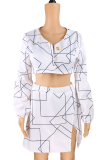 White Sexy Print Patchwork V Neck Long Sleeve Two Pieces