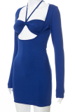 Blue Sexy Solid Hollowed Out Halter Pencil Skirt Dresses