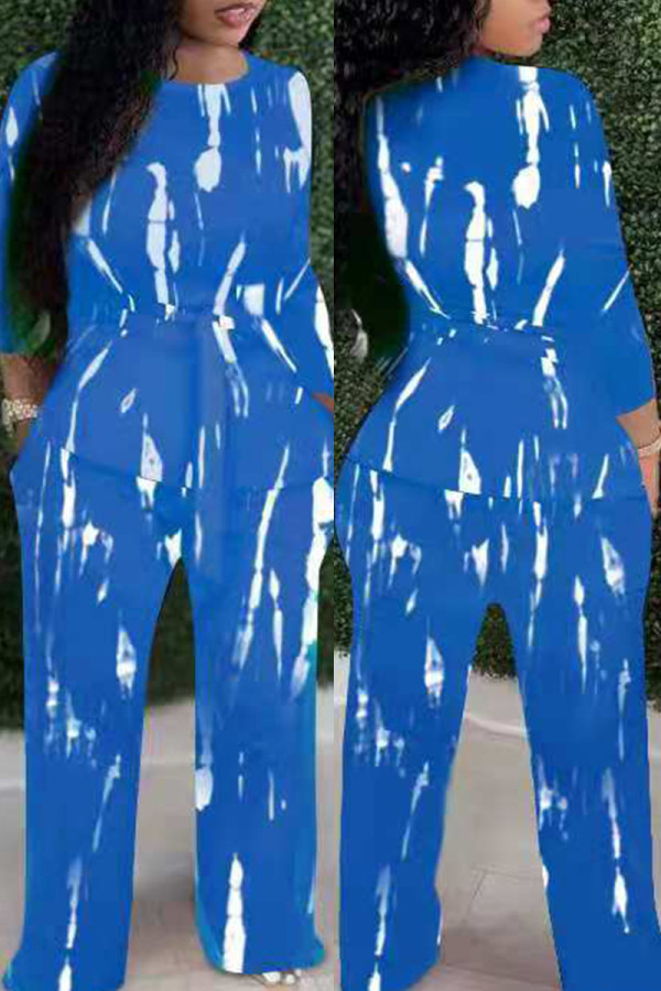 Peacock Blue Fashion Casual Print Basic O Neck Long Sleeve Two Pieces