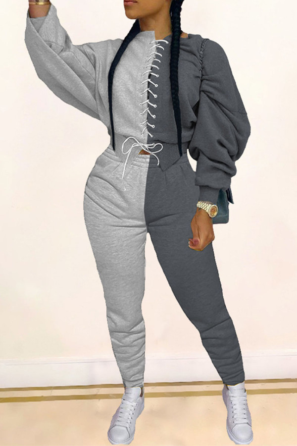 Dark Gray Casual Solid Patchwork Frenulum V Neck Long Sleeve Two Pieces