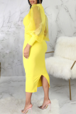 Yellow Sexy Solid Patchwork Half A Turtleneck Pencil Skirt Dresses