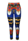 Blue Fashion Street Print Patchwork Mid Waist Pencil Bottoms