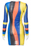 Colour Sexy Print Patchwork O Neck Pencil Skirt Dresses
