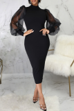 Yellow Sexy Solid Patchwork Half A Turtleneck Pencil Skirt Dresses