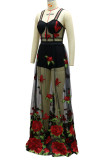 Black British Style Embroidery Patchwork See-through Spaghetti Strap Straight Dresses