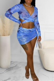 Blue Sexy Print Split Joint V Neck Long Sleeve Two Pieces