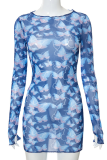 Blue Sexy Butterfly Print Patchwork O Neck Pencil Skirt Dresses