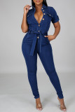 Dark Blue Fashion Casual Solid With Belt Turndown Collar Regular Jumpsuits