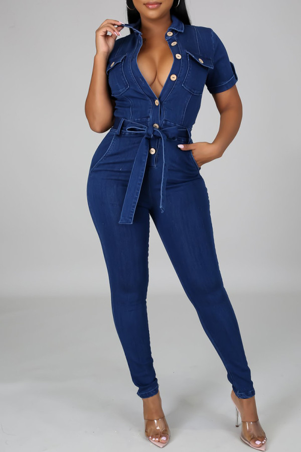 Dark Blue Fashion Casual Solid With Belt Turndown Collar Regular Jumpsuits