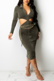 Khaki Sexy Solid Hollowed Out Split Joint Buckle Turndown Collar One Step Skirt Dresses