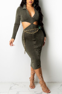 Army Green Sexy Solid Hollowed Out Split Joint Buckle Turndown Collar One Step Skirt Dresses