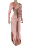 Pink Fashion Casual Solid Slit V Neck Long Sleeve Two Pieces