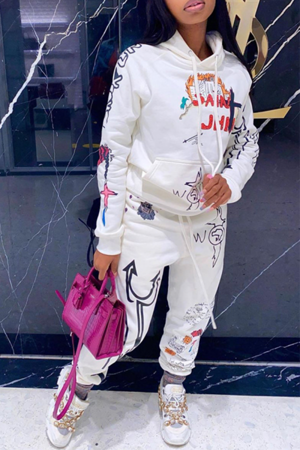 White Casual Print Patchwork Hooded Collar Long Sleeve Two Pieces
