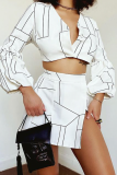 White Sexy Print Patchwork V Neck Long Sleeve Two Pieces