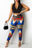 Blue Fashion Street Print Patchwork Mid Waist Pencil Bottoms