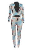 Peacock Blue Fashion Casual Print Cardigan Turndown Collar Long Sleeve Two Pieces