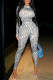 Grey Fashion Casual Print Basic O Neck Skinny Jumpsuits