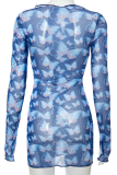 Blue Sexy Butterfly Print Patchwork O Neck Pencil Skirt Dresses