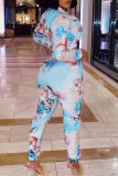 Peacock Blue Fashion Casual Print Cardigan Turndown Collar Long Sleeve Two Pieces